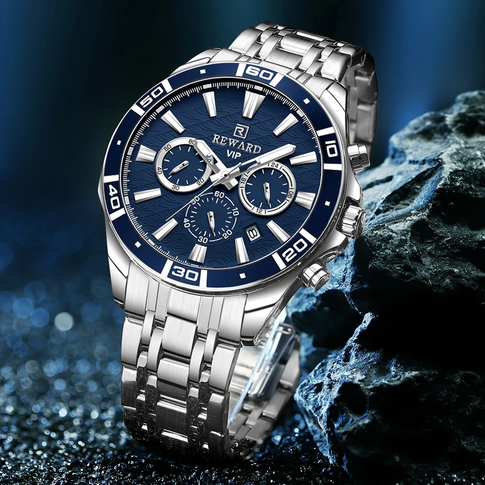 REWARD Fashion Business Watches for Men Blue Dial Chronograph Waterproof Watch Men Stainless Steel Luminous Sport Wristwatches