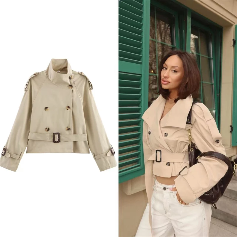 Guobioziy 2026 New Women's Trench Coat High Collar Double-Breasted Waist-Cinching Long Sleeve Loose Short Casual Windproof Coat
