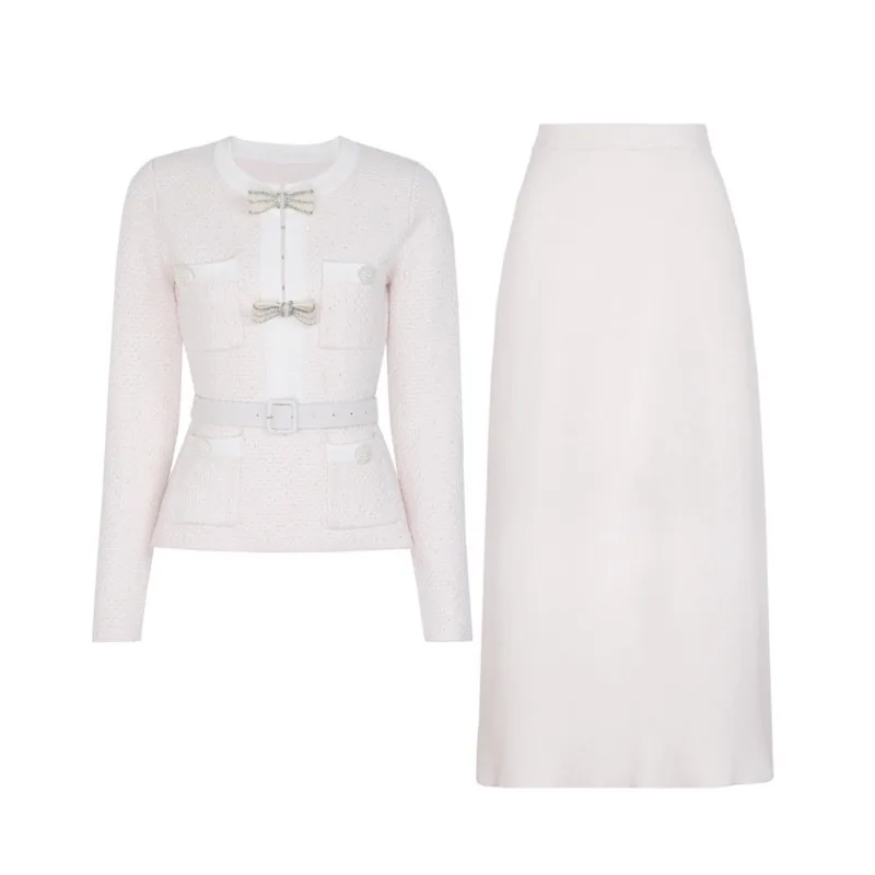 LEOSOXS gecoördineerde set voor dames: tweedjack met lange mouwen + midi-rok met strikversiering voor dagelijks gebruik en werk ziet er uit 2025