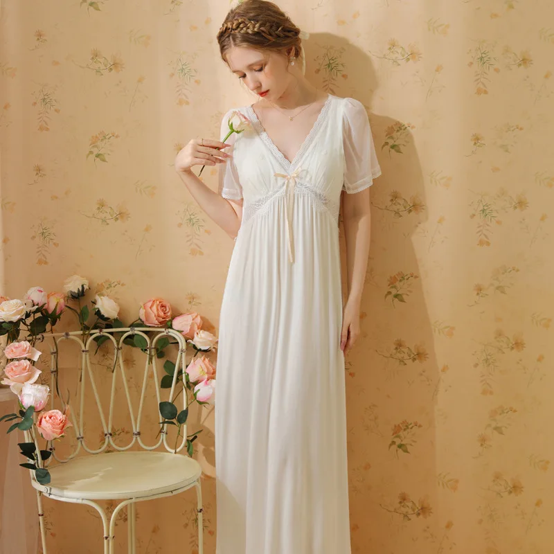 Summer Women Lace Nightdress, French Princess Style Short Sleeve V-Neck Pajama Dress with Built-in Chest Pad for Home Loungewear