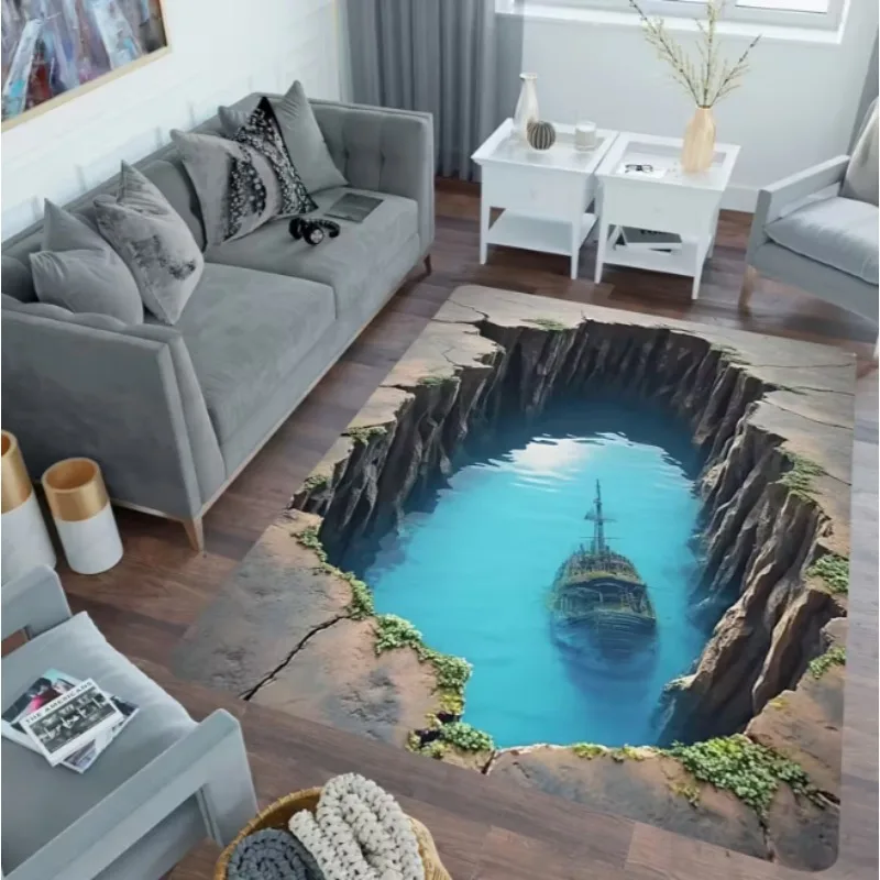 Flanell Bedruckter 3D-Sinkhole-Schiffsteppich Ozean-Abenteuer-Thema Wohnzimmerteppich Weicher Fleece-Bodenbelag Wohndekor Einzigartige Teppiche