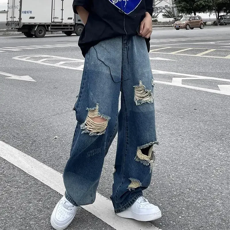 

Male Cowboy Pants Hip Hop Trousers Wide Leg with Holes Jeans for Men Broken Ripped Torn Y2k Streetwear Soft Luxury Stylish Kpop