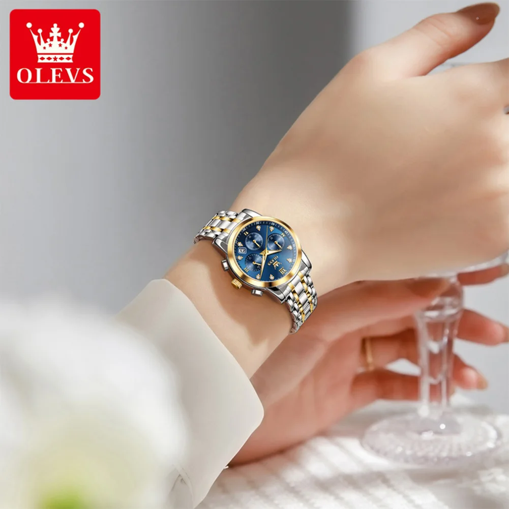 OLEVS Women's Watches 2858L Trend Fashion Original Quartz Watch for Lady Waterproof Luminous Date Stainless Steel Chronograph