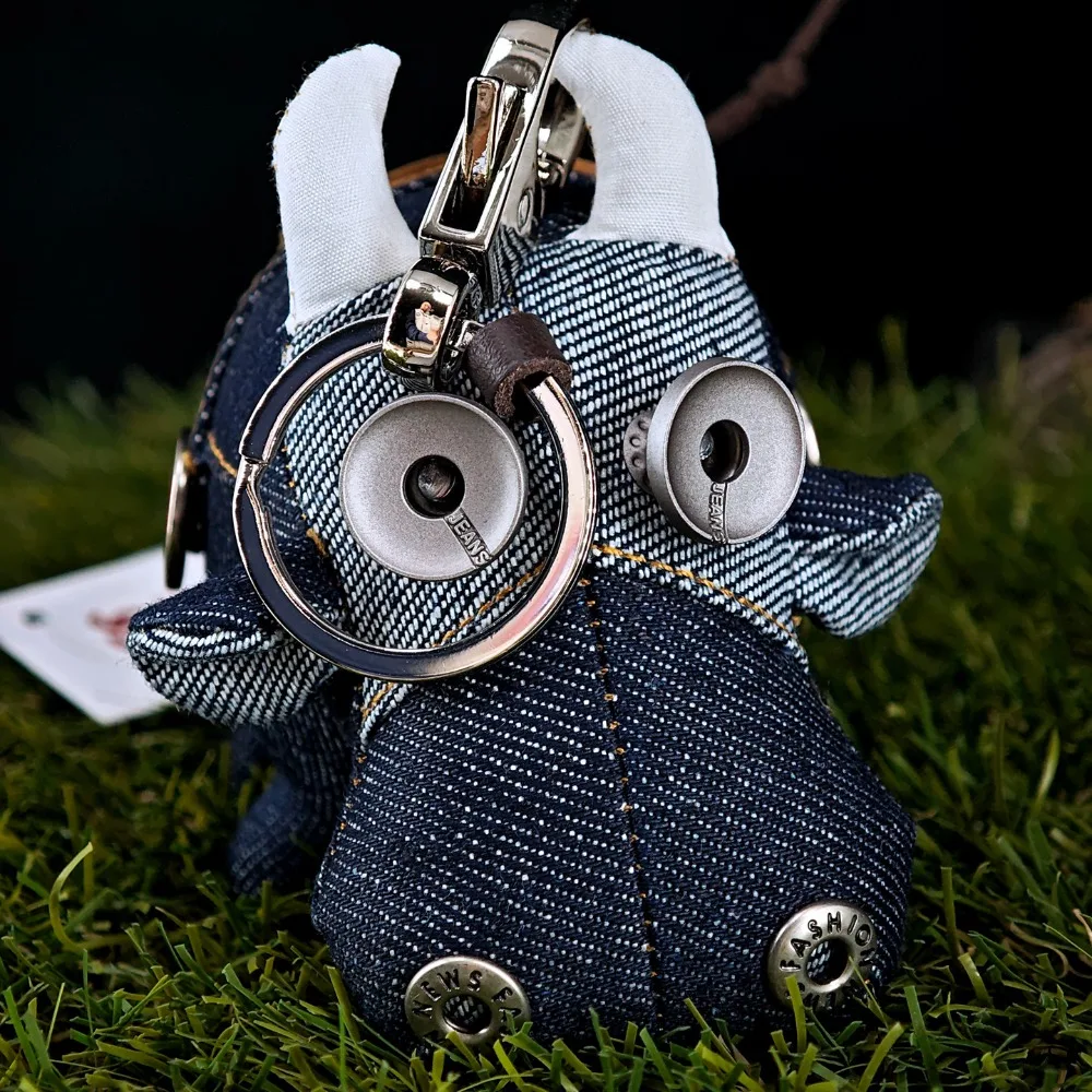 Creative‑shaped Cartoon Cow doll bag charm made of denim, exquisite backpack pendant, car ornament, gift for men
