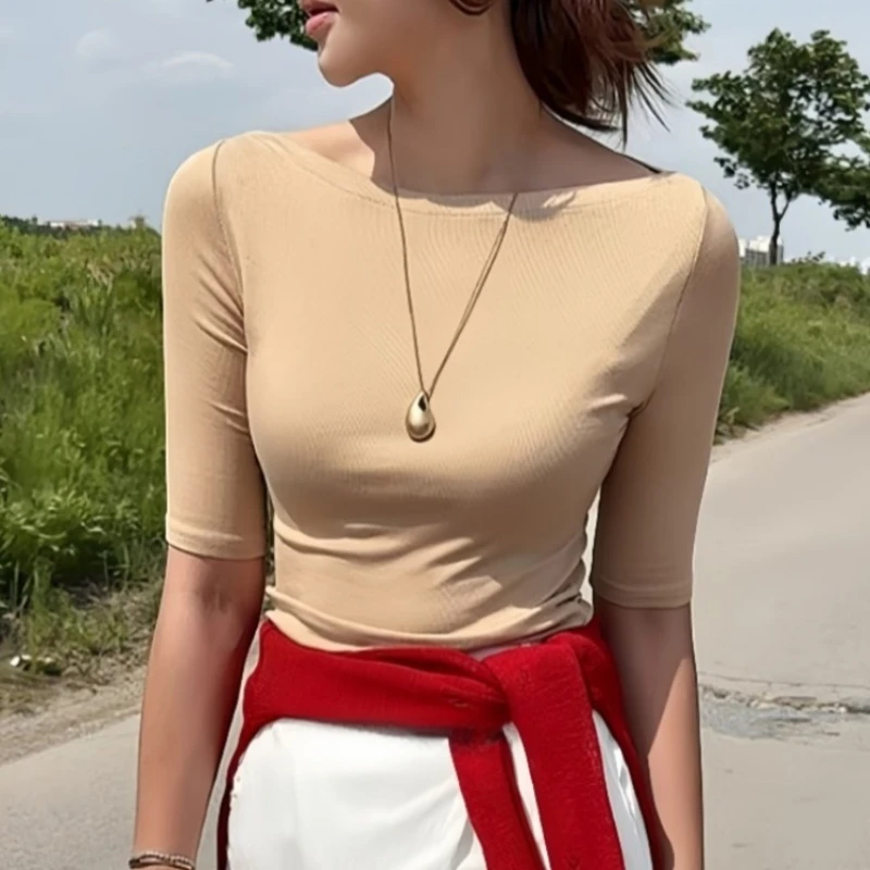 Sexy Half Sleeve Slim Fit Tees Korean 2026 Summer Trendy Slash Neck Women T-shirts Off-shoulder Solid Casual Versatile Top
