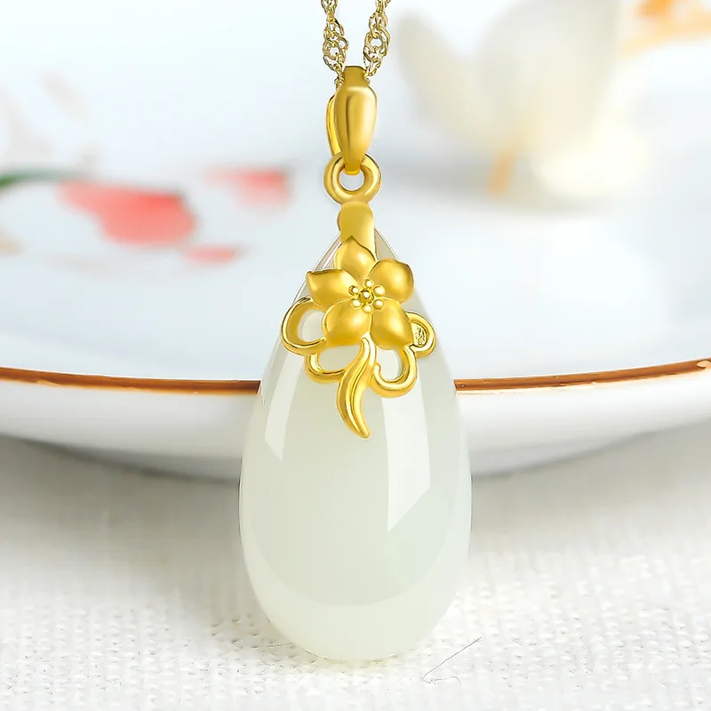 New Elegant High-End Water Drop Shape Hetian Jasper White Jade -Plated 24K Gold Color Pendant Necklace for Women