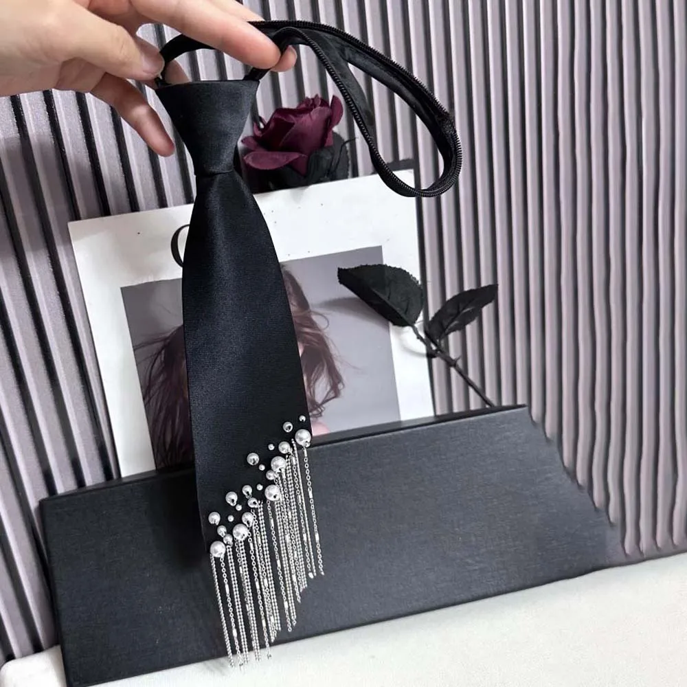 Elegant Korean Style Pearls Tie Black Choker Hand-beaded Long Necktie Necklace Collares Decoration Shirt Tie Performance