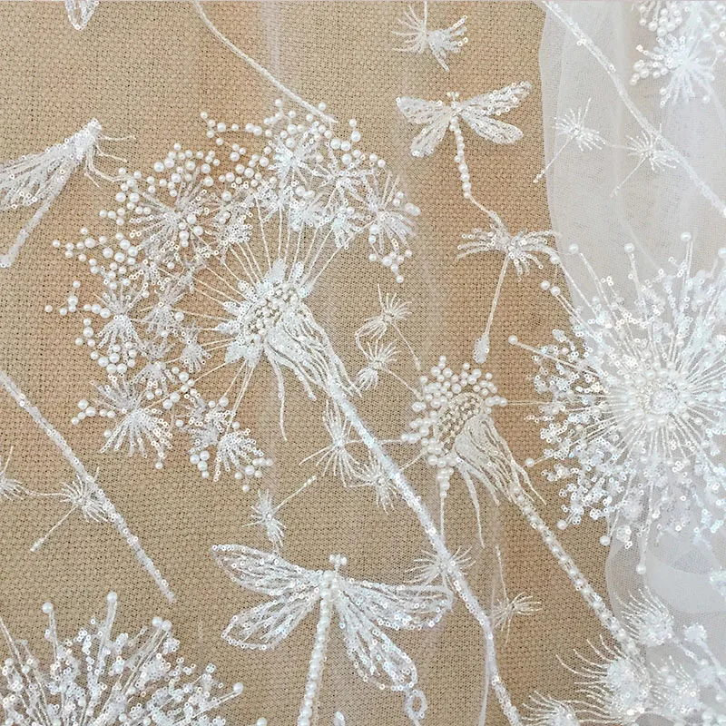 Off White 3D Beaded Tulle Lace Fabric with Dandelion Dragonfly Haute Couture Weddiing Gown Beach Dress DIY Flower Fabric