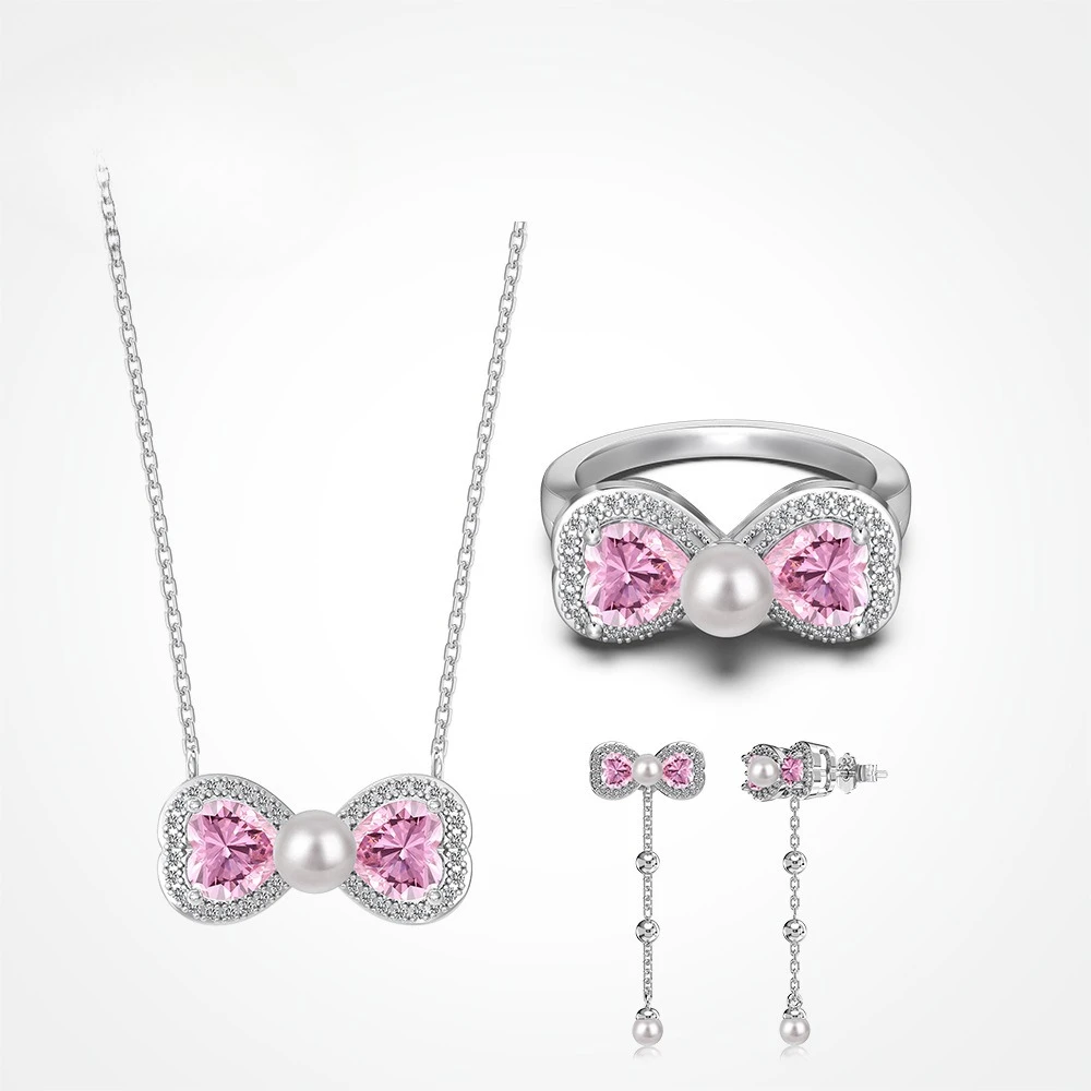 

New S925 Silver Necklace Ring Earrings Female Exquisite Bow Bead Inlay Design Jewelry Set Wedding Jewelry