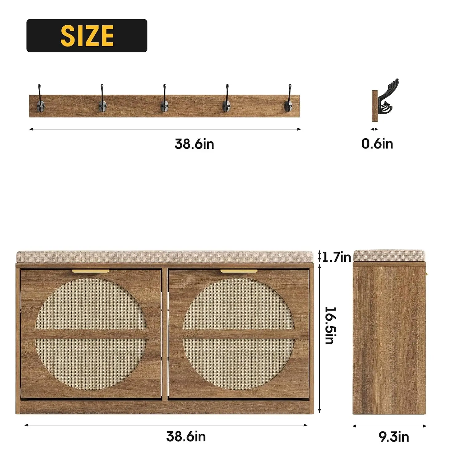 Rattan Entryway Bench With Cushion & Coat Rack, Shoe Storage With 2 Drawers, Narrow Rack, 5 Hooks, Rustic Oak, Customized