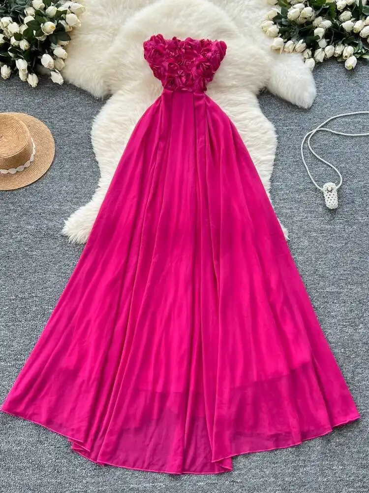 

Женское розово-красное пляжное платье, летние французские сетчатые платья без рукавов с 3D цветами, женские винтажные вечерние длинные халаты, Vestidos