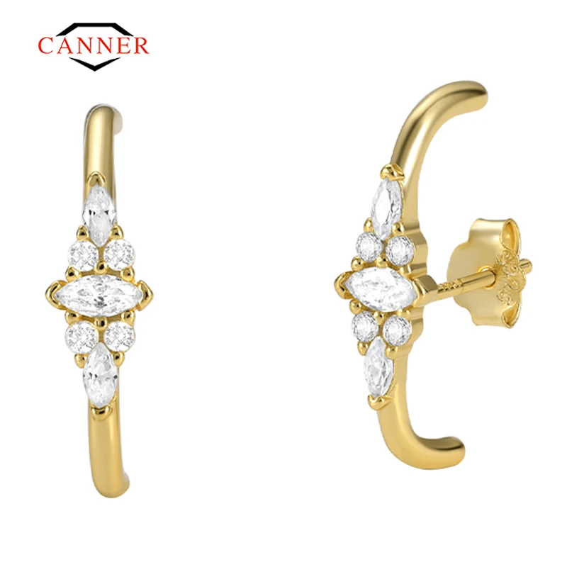CANNER 925 Sterling Silver 18K Gold Plated White Zircon Piercing Stud Earrings for Women Surrounds Earlobe Jewelry Pendientes