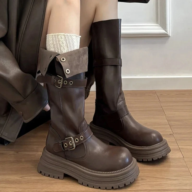 

Womens Mid Calf Boot Fashion Thick Sole Casual Shoes Classic Punk Style Bootcut Boots for Woman Elegant Knight Boots Botas Mujer