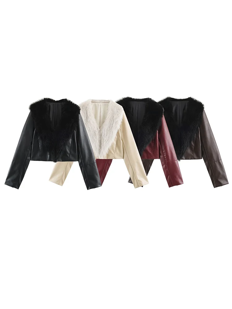 Women Faux Fur Trim Collar Patchwork Short Jacket Full Sleeve Slim Fit Coat Autumn Winter Fashion Casual Lady Faux Leather Coat