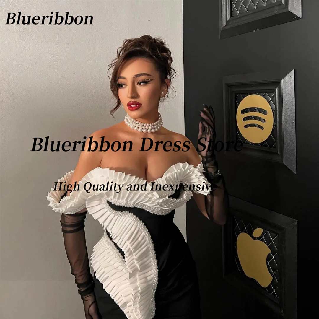 Blueribbon فساتين سهرة مكشوفة الكتف للنساء ، فساتين حفلة موسيقية مع ثنيات مطرزة ، ملابس خاصة سوداء ، السعودية