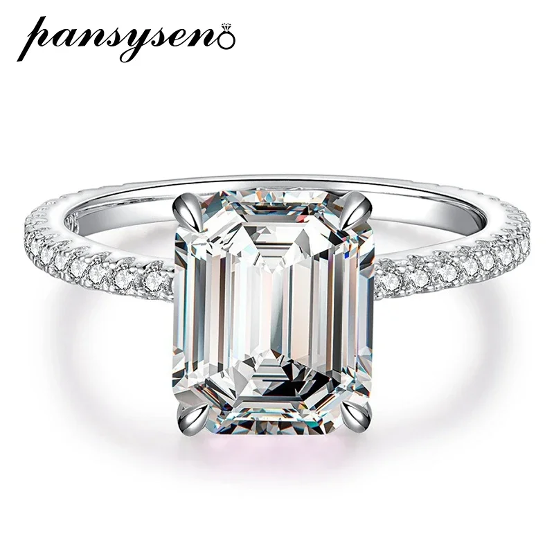 

PANSYSEN Luxury 925 Sterling Silver 4CT Emerald Cut High Carbon Diamond Gemstone Ring Wedding Engagement Fine Jewelry for Women