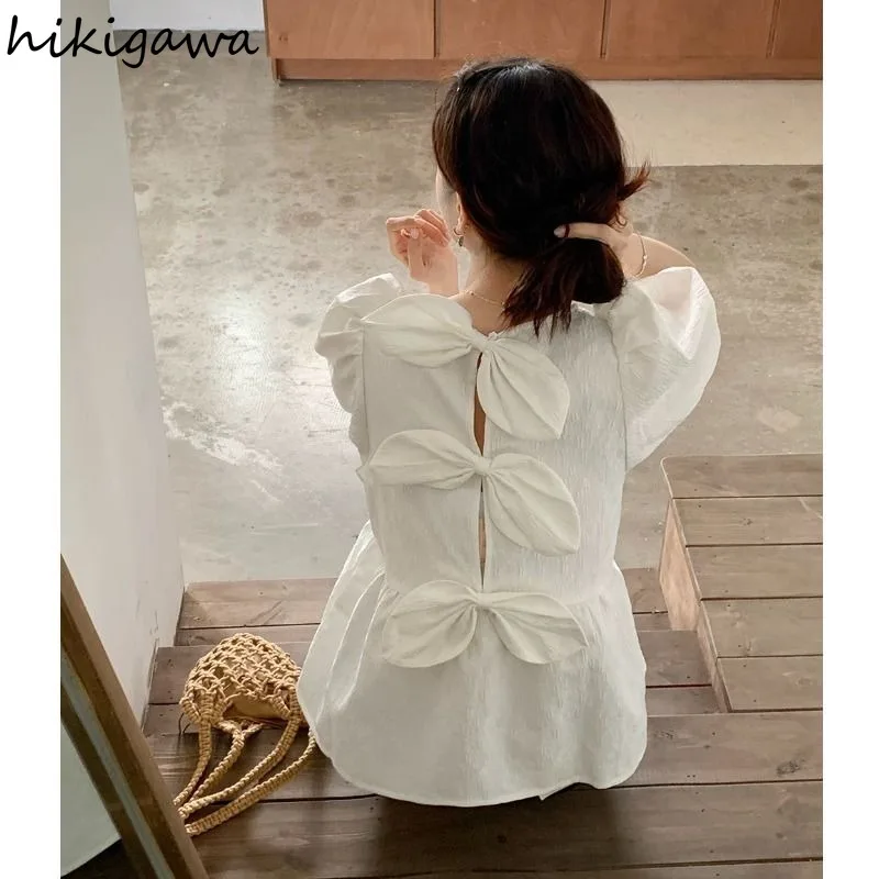 Sweet Women Shirt O-neck Puff Sleeve Loose Blouses Cute Bow Floral Summer Korean Chic Blouse Tops 2024 Blusas Mujer De Moda