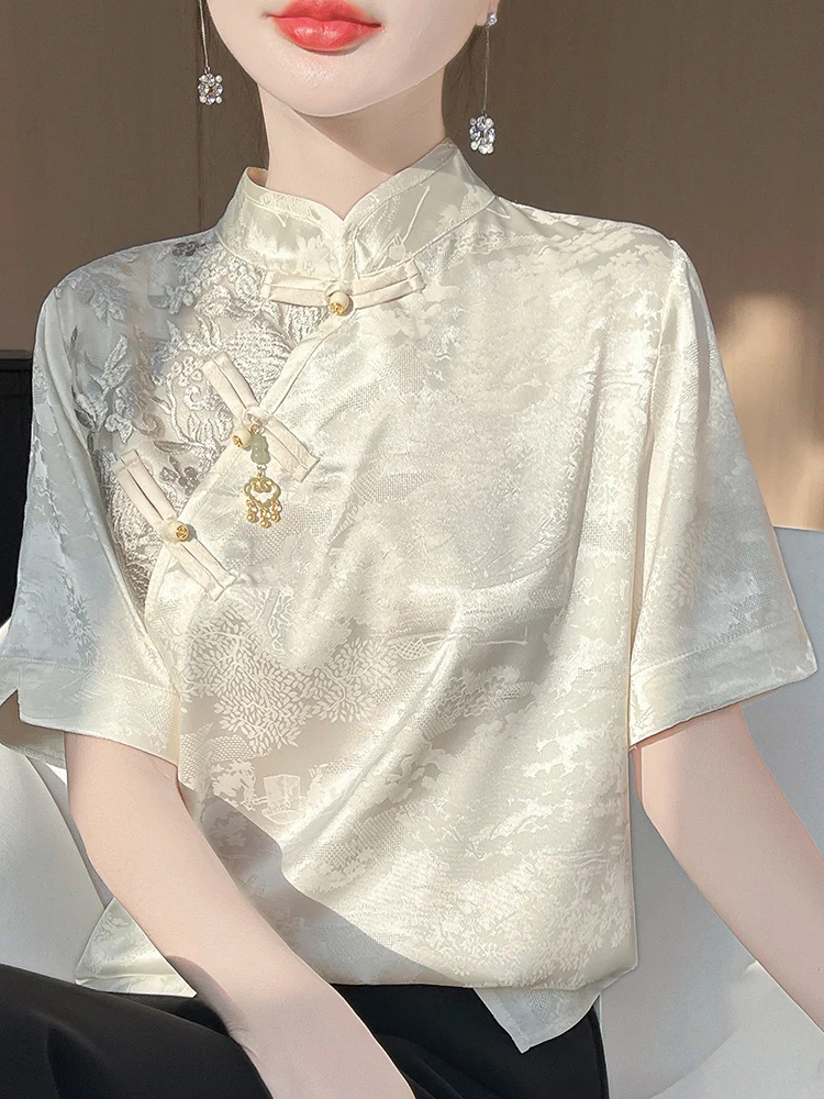 

Ele ort Sve Silk irt Women's Embroidered Stand Collar Chinese National Sle Top Comfortable Breathable Summer irt