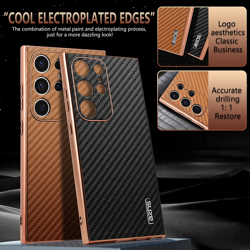 Electroplated Carbon Fiber Pattern Phone Case For Samsung Galaxy S23 S24 FE S22 Ultra Plus S21FE A25 A54 A55 5G A14 A15 Covers