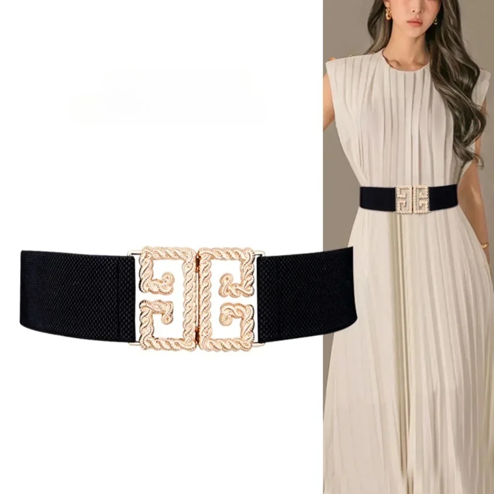 Fashionable Women's Gold Buckle Waistband Dress Decorative Black Elastic Belt