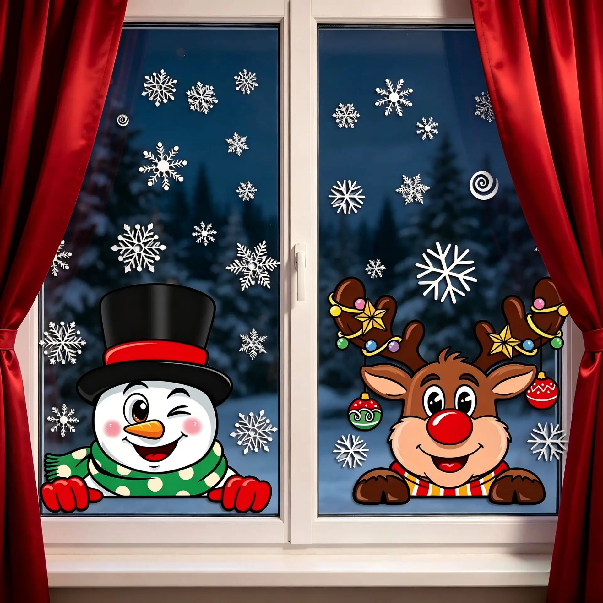 Cartoon Christmas Static Window Stickers, Reindeer Snowflake Snowman Decals for Mall Shop Window Decoration Supplies