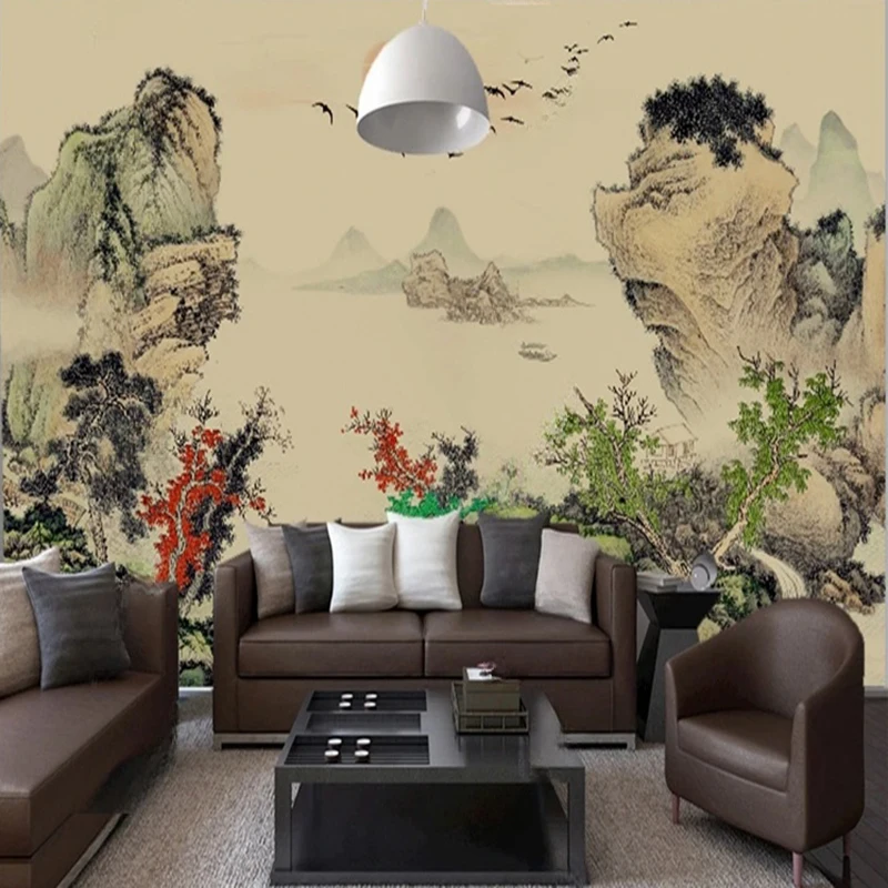 Custom Photo Mural New Chinese Style Wallpaper Hand-Painted Mountain Tree Landscape Wall Art Decor Background Wallcoverings 3D
