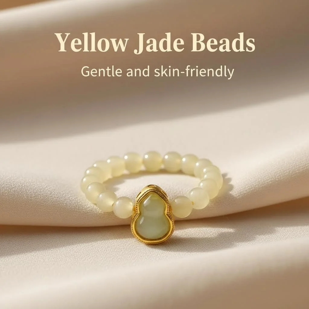 

ANNIE WU Natural Yellow Jade Chalcedony Ring with Gourd Charm Elegant Traditional Style Jewelry Gift for Women