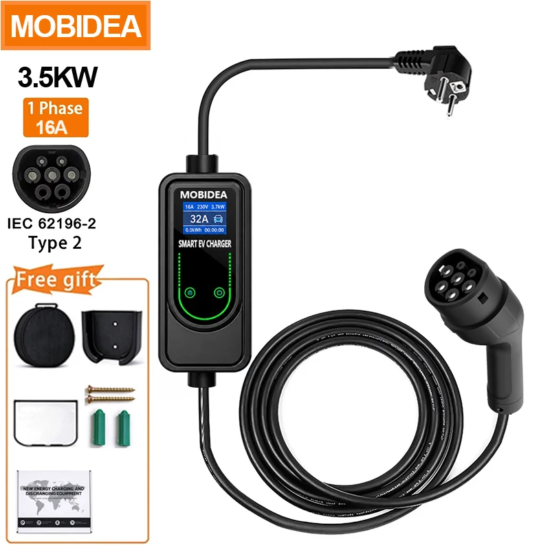 MOBIDEA Type 2 Portable EV Charger 3.5KW 16A 5M Cable Single Phase 6-16A Adjustable Current IP66 Waterproof Charger for EVS
