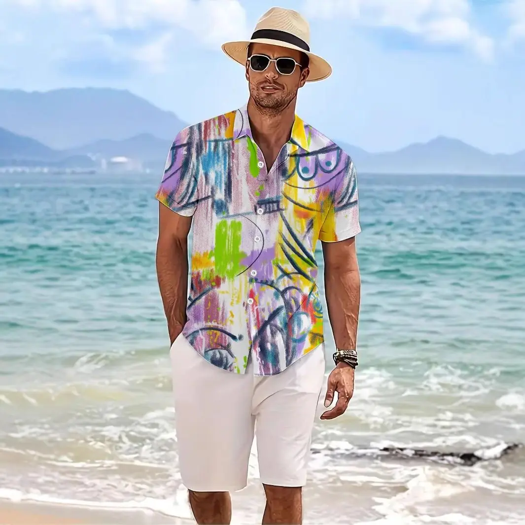 

Doodle ort Sve Surfing irt Men's Summer Casual Loose Beach Sle Polyester Fabric Printed irt Five Button Cuff