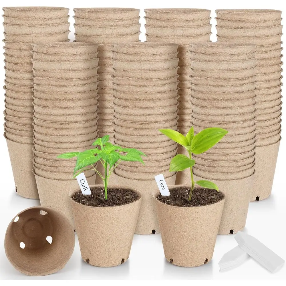 Organic 3.15 Inch Round Peat Pots with Drainage, 131-Count Seedling Starter Trays, Plant Labels Included