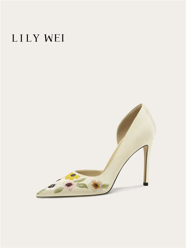 Spring new pointed side empty silk embroidered beaded wedding shoes, banquet big size small size slim high-heeled women's shoes