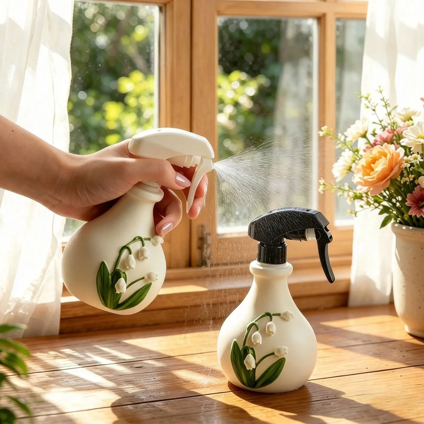 Milk White Lily of the Valley Shape Watering Can Fresh Embossed Hand Press Spray Bottle Home Green Plant Cleaning
