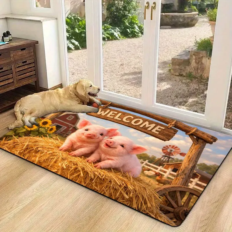 Farm Pig Throw Blanket Welcome Sign Doormat Non Slip Area Rug Cute Print Carpet For Kitchen Home Entryway Floor Decor