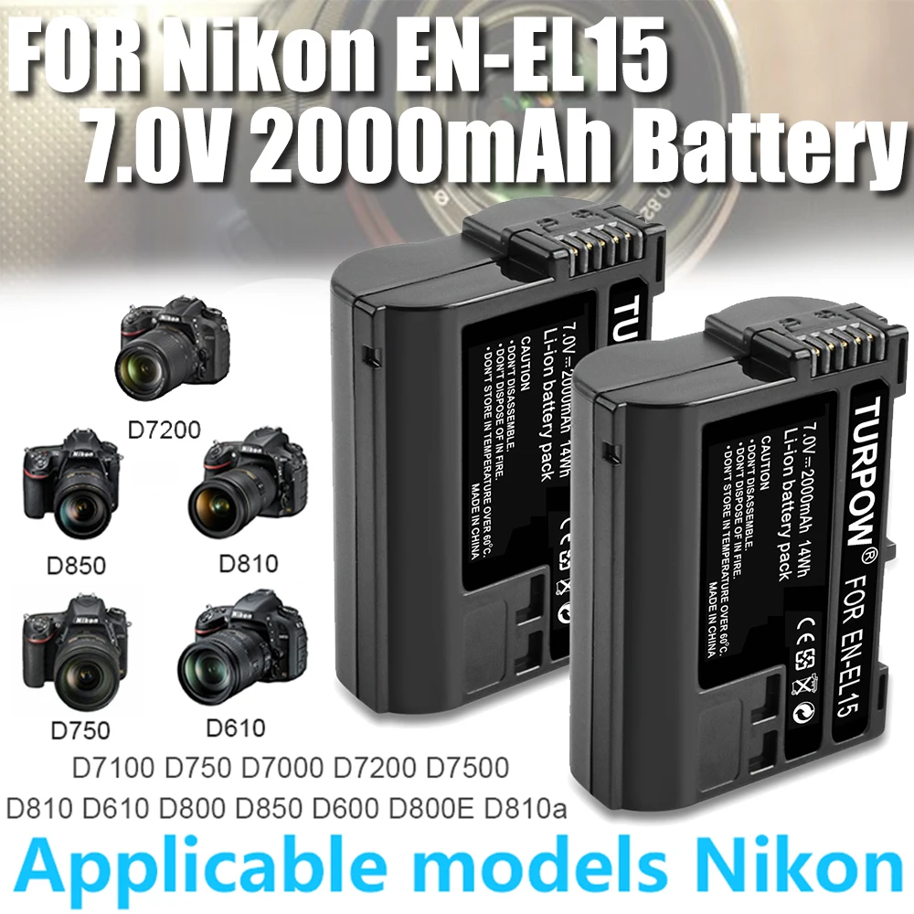 7V 2000MAH EN-EL15 Enel15 En El15 Camera Batterij Voor FOR Nikon Dslr D600 D610 D800 D800e D810 D850 D7000 D7100 D7200 Battery