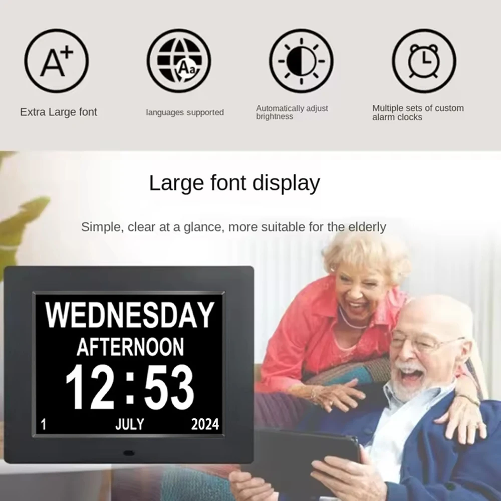 

TMOOY LED Digital Alarms Calendar Clock with Multi-Languages Medicine Time Reminder for Elder Home Desk Wall Decoration