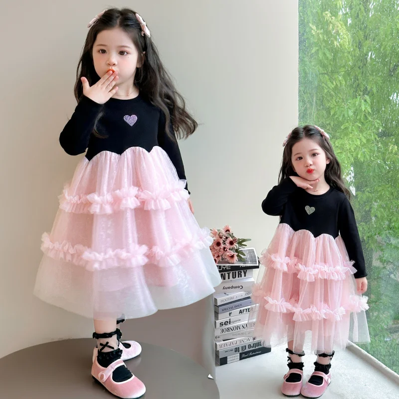 2026New Girl's Heart-shaped Mesh Dress Children's Stylish Super Fairy Puffy Dress for Little and Medium-sized Kids Princess Dres