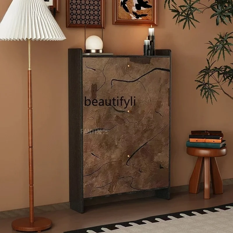 qultra-thin tipping bucket shoe cabinet indoor entrance entrance  integrated solid wood storage household decoration cabinet