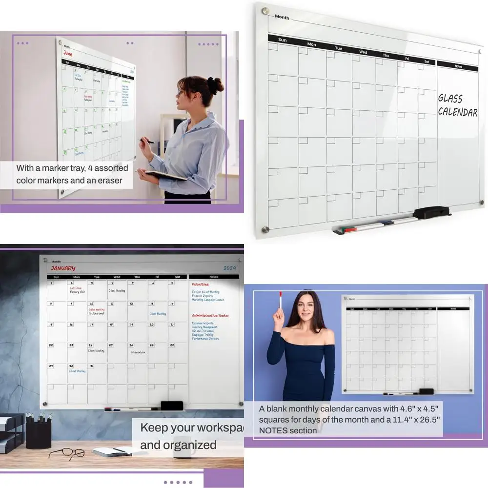 

Jumbo 34x46 White Tempered Glass Dry Erase Calendar, Frameless, with 4 Markers & Eraser