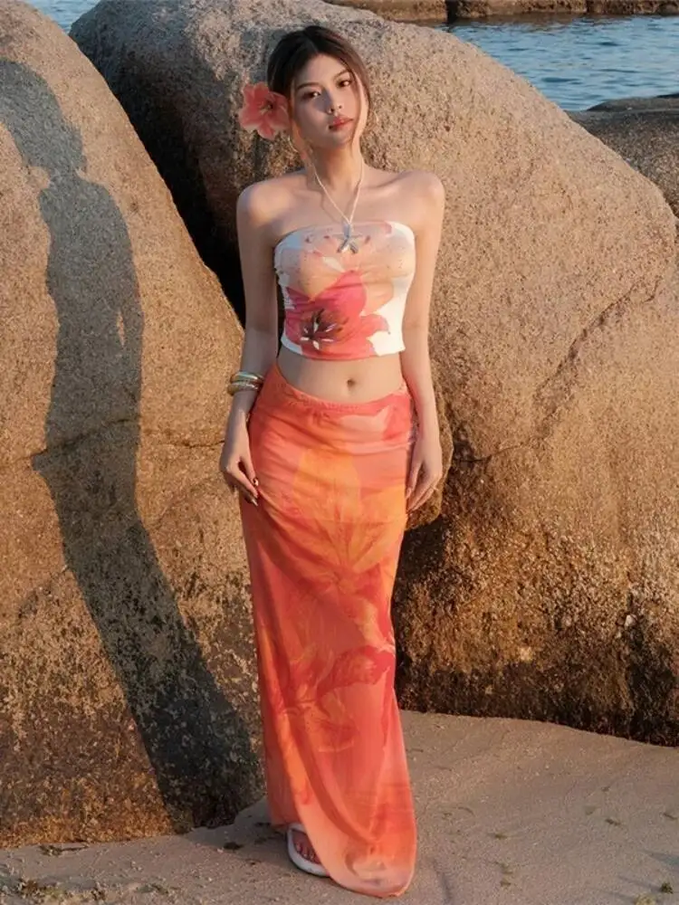 

Floral Print Camisole Chiffon Skirts Two Piece Set Women's Orange Beach Dress Sunset Stunning Scenery Maxi Outfit