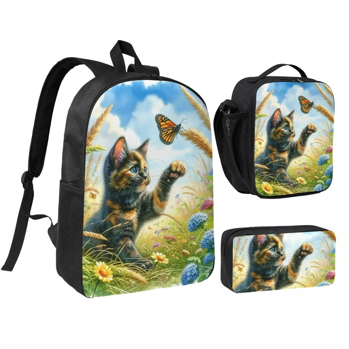 Kitten Playing With Butterfly In Grass Backpack Student BookBag School Bag Shoulder Bags 3ps Insulated Lunch Bag Pencil Case