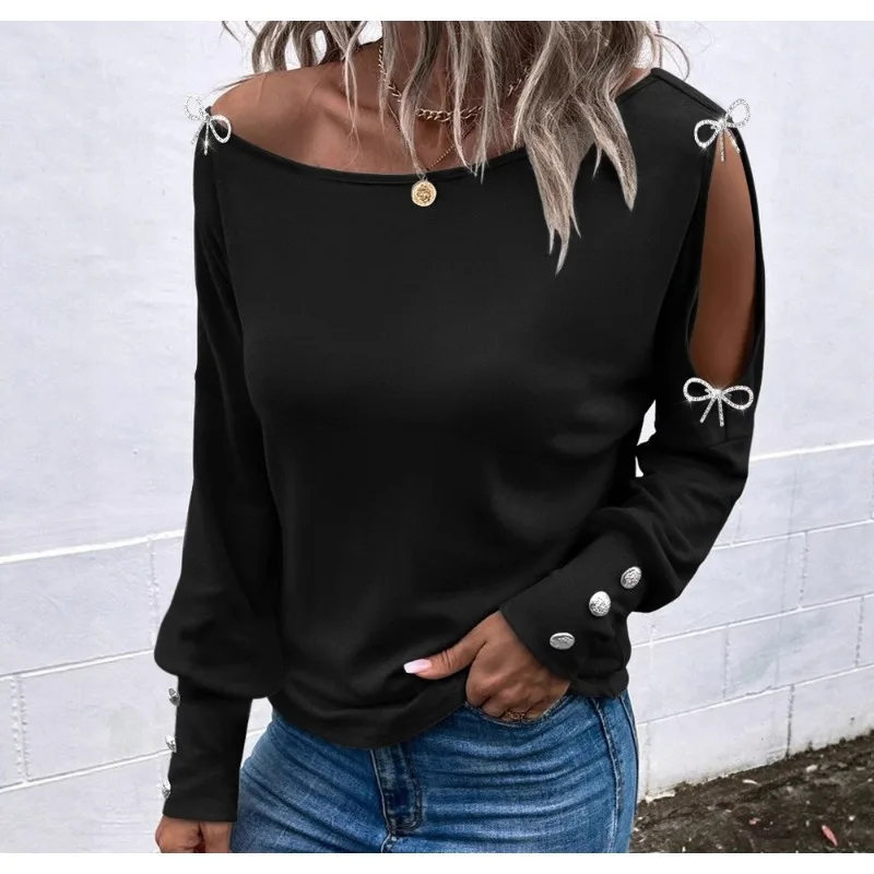 

Elegant Black Blouse Women Streetwear Fall 2025 New Party Long Sleeve Shirt Hollow Bowknot Rhinestone Off-Shoulder Top Female