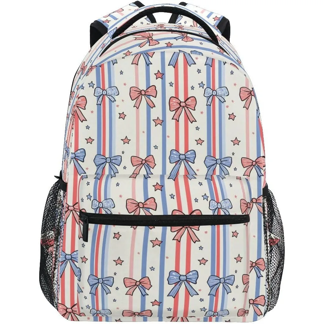 Red Blue Stripe Bow Star Print Backpack Patriotic Pattern School Bag Lightweight Casual Daypack For Students Travel Daily Use