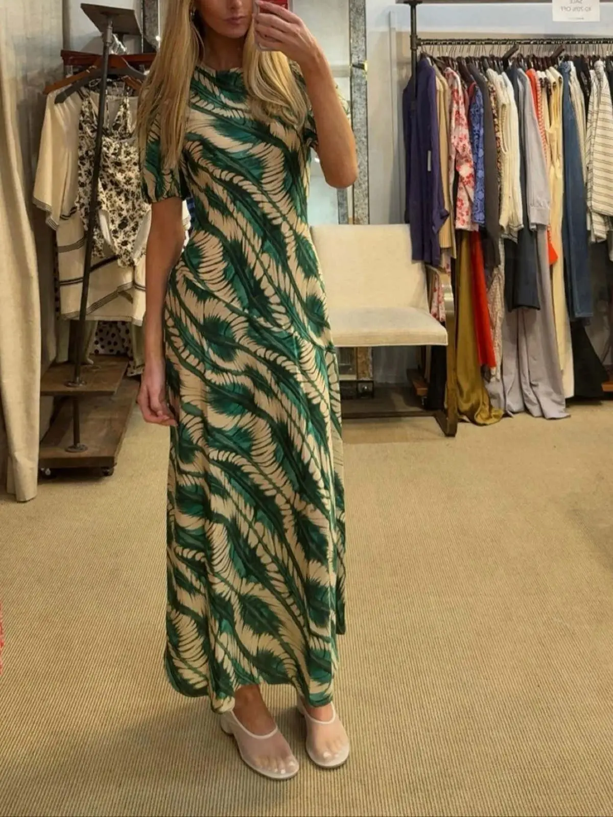 

Plant Printed Women Midi Dress 100% Silk Puff Sleeve O-Neck High Waist Retro Green Robe