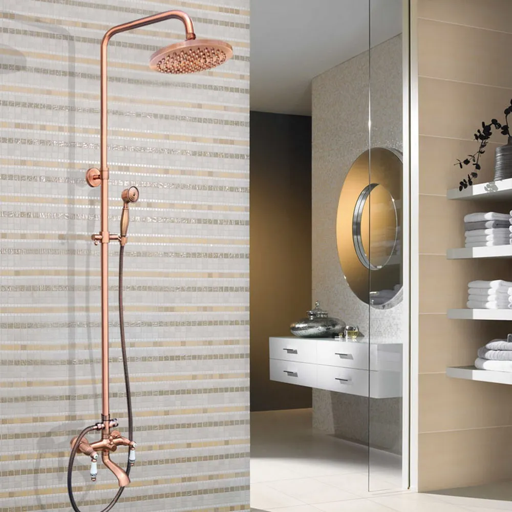 

Bathroom Shower Faucet System Antique Red Copper 8" Rainfall Bath Shower Mixer Faucet Swivel Spout Shower Wall Mount zrg543