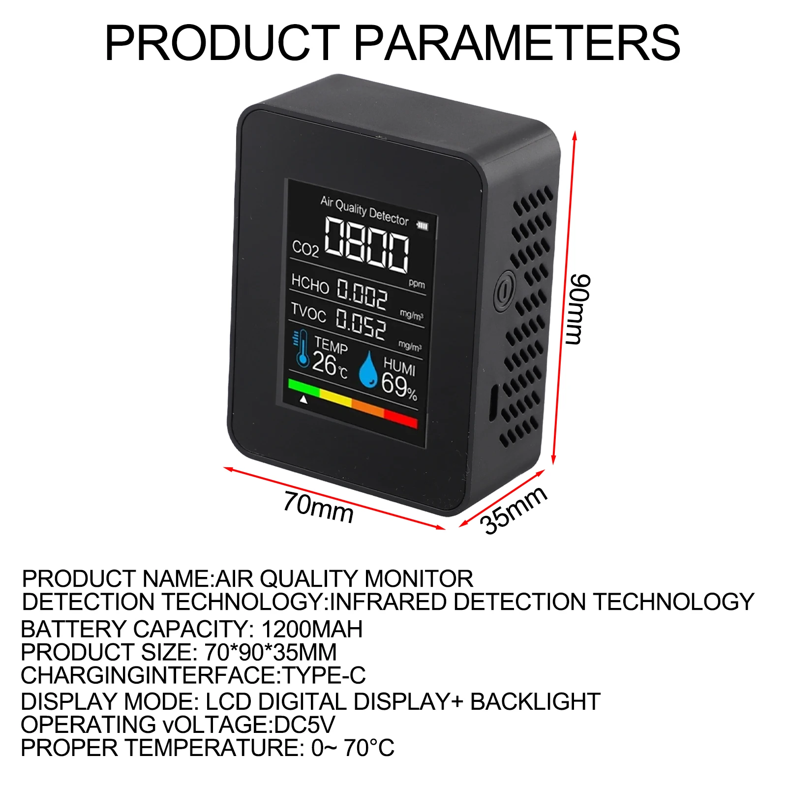 Built-in 4-color LED Lights Indoor Carbon Dioxide Detector Real-time Detection Temperature And Humidity Monitor