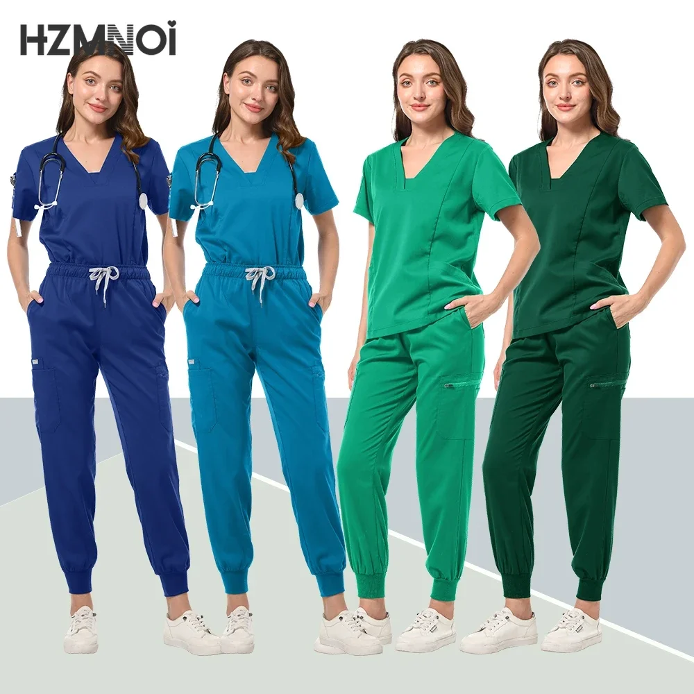 Mulheres Monocromático Scrub Tops e calças terno, Pet Uniforme Hospitalar, Avental Cirúrgico, Bolso V-Neck Scrub, Enfermeira Workwear