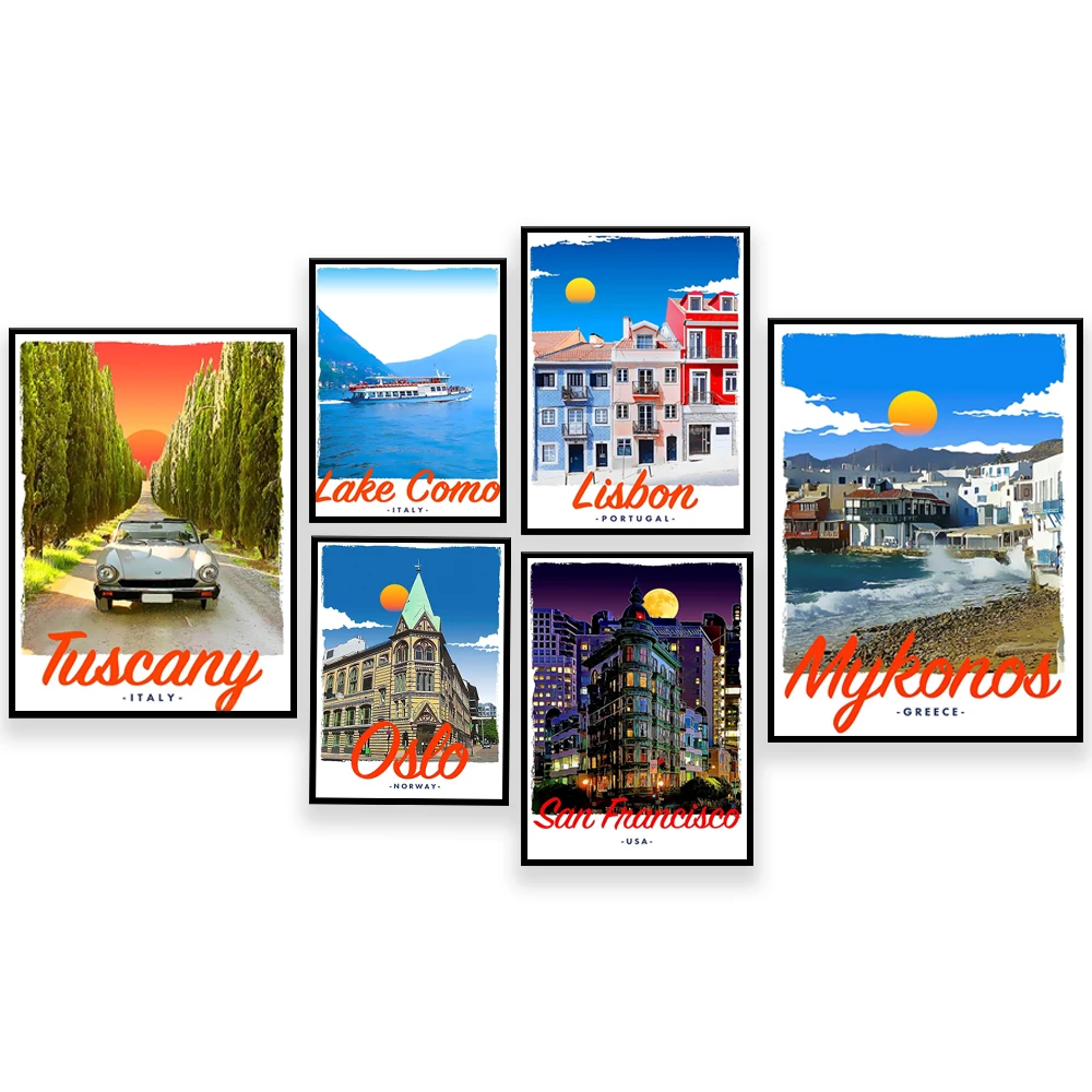 Japan, Nile Egypt, Slovenia, Ljubljana, Poland, Italy, Greece Santorini, Mykonos, Norway, San Francisco, Lisbon travel poster