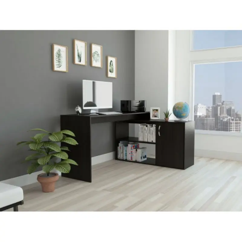 1 drawer 2 shelves L-shaped desk Black tongue