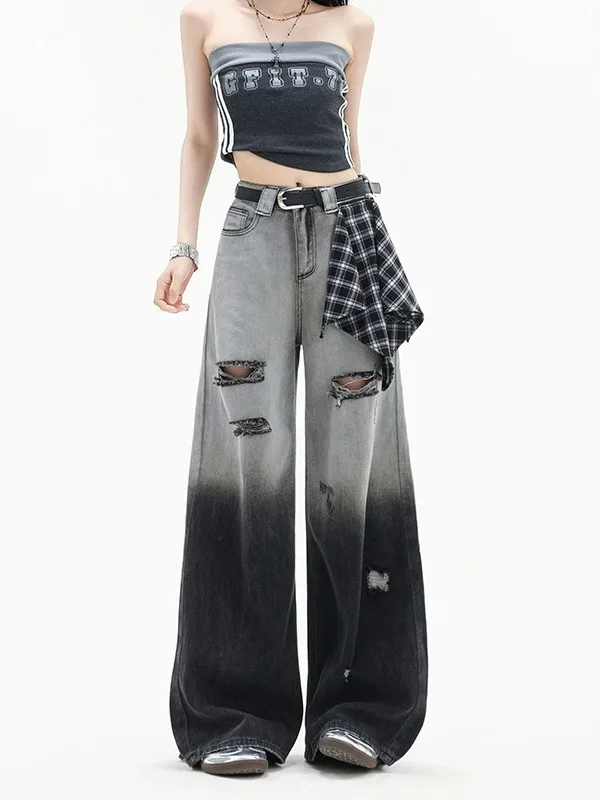 American High Street adient Color Blo Jeans a gamba larga Donna Pantaloni larghi a vita alta con taglio dritto Casual Colore puro