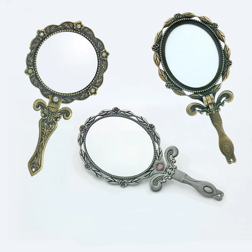 Espejos cosméticos de Metal Vintage para mujer, Espejos de maquillaje de mango largo de mano, Mini decoración Vintage, espejo compacto plegable elegante